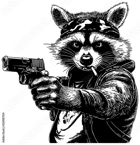 Cartoon raccoon wearing a bandana and holding a gun while smoking a cigarette, isolated. 
