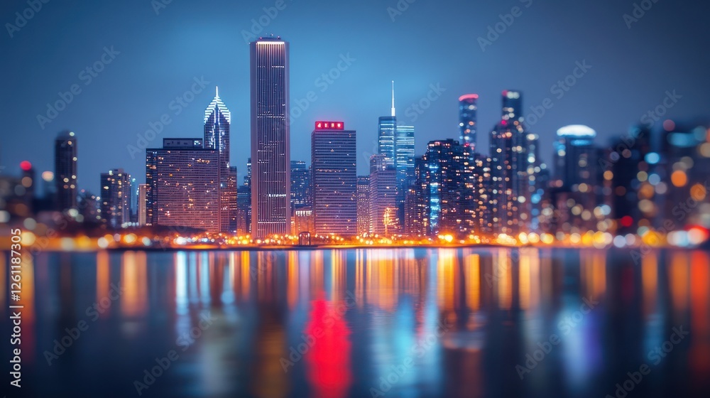 Fototapeta premium Night cityscape, lake reflection, urban lights, blurred background, travel
