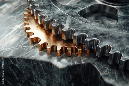Interlocking metallic gears, bronze and silver, rest on a dark marble surface, showcasing intricate design and craftsmanship.