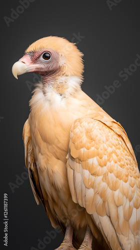 A close up of a vulture against a grey background. The bird has orange feathers and an unfeathered pink face. A strong white beak is at the front. photo