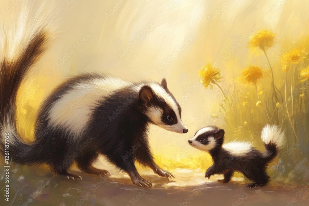 A painting of a skunk and a baby skunk in a field of flowers A painting of a skunk and a baby skunk in a field of flowers