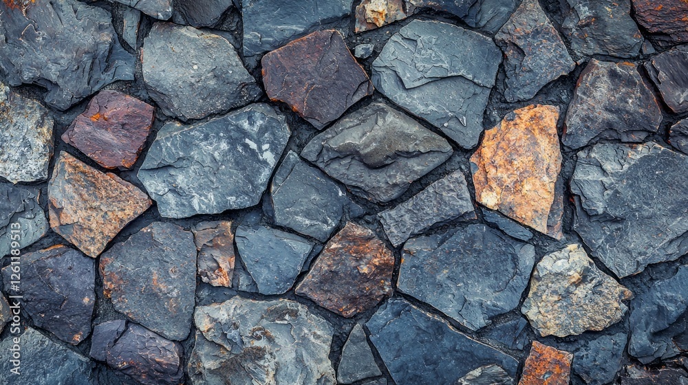 Obraz premium Varied shades of grey and hints of orange create an intricate pattern in an ancient stone wall, showcasing nature's artistry in a weathered yet timeless structure