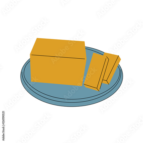 Butter on a plate. Sliced farm products.