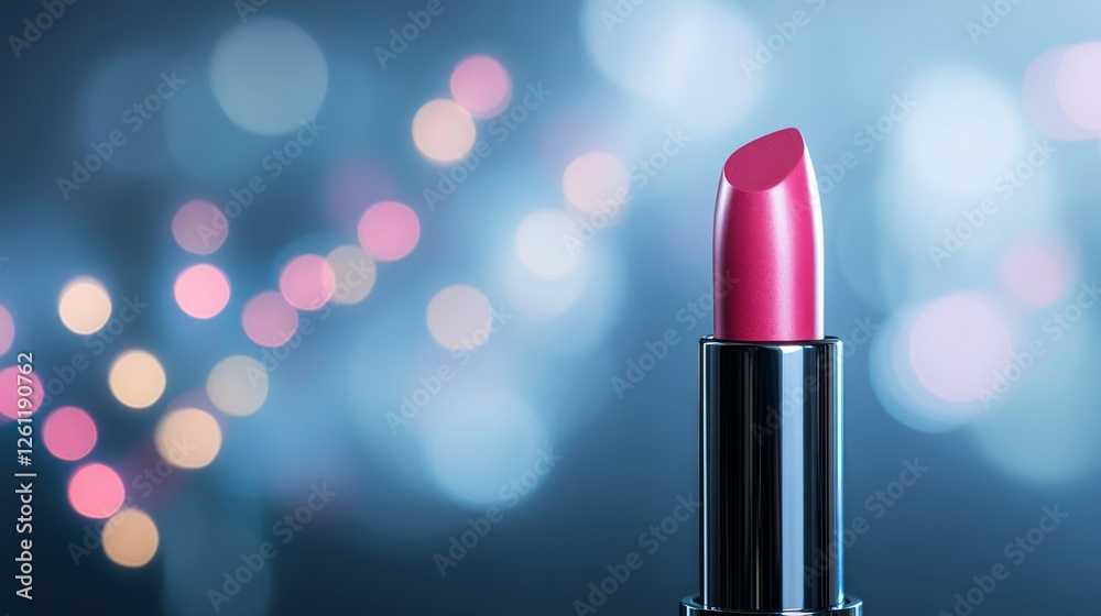 Vibrant Pink Lipstick on Glossy Background with Colorful Bokeh Effect Vibrant Pink Lipstick on Glossy Background with Colorful Bokeh Effect