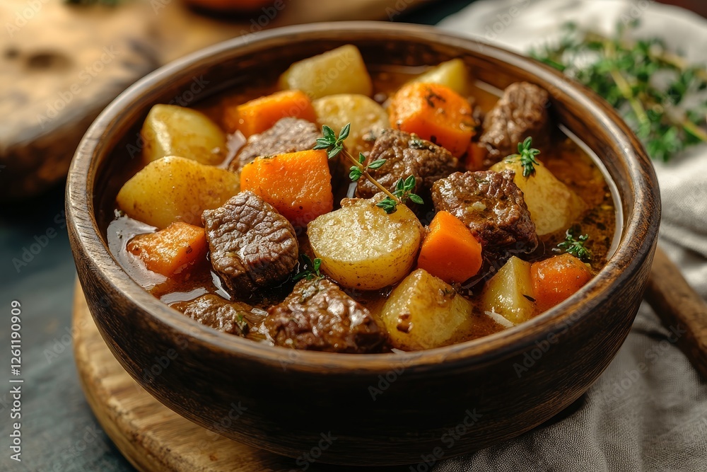 Hearty beef stew, potatoes, carrots, rustic bowl Hearty beef stew, potatoes, carrots, rustic bowl