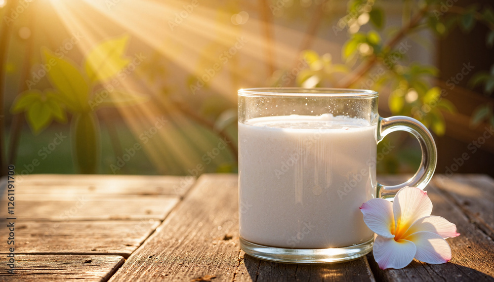 Glowing glass of milk on rustic table under golden hour light, tranquility Glowing glass of milk on rustic table under golden hour light, tranquility
