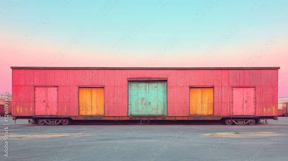 Obraz premium Colorful train car at sunrise, railway yard