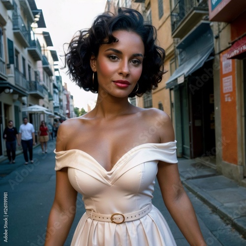 A confident, curly-haired woman in an off-the-shoulder white dress with a cinched waist, standing on a narrow European street lined with historic buildings. photo