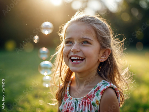 A bright smile of a girl against the background of sunlight and soap bubbles. This moment of joy and carelessness perfectly conveys the atmosphere of childhood and summer walks.