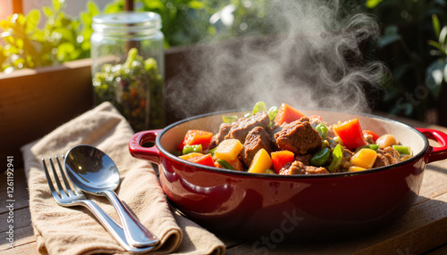 Steaming lamb stew in enamel bowl on wooden table, rustic charm