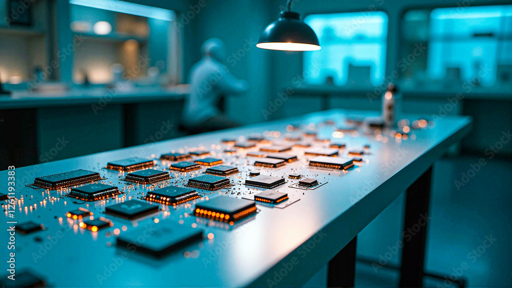 Fototapeta premium A futuristic laboratory setup featuring compacted microchips, nanotechnology devices, and an LED lamp.