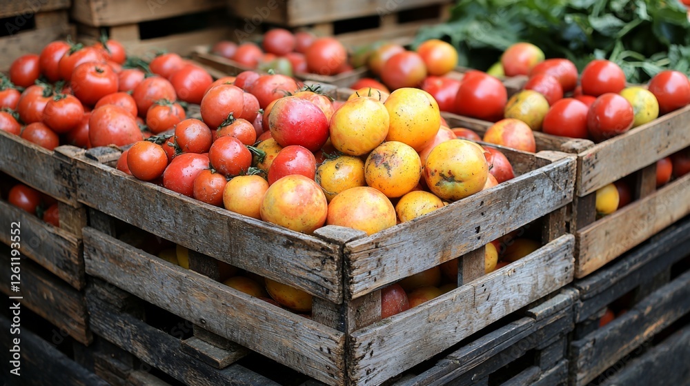 A wooden crate filled with lots of different types of tomatoes A wooden crate filled with lots of different types of tomatoes