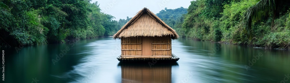 Floating bamboo hut on a still river, peaceful exotic getaway Floating bamboo hut on a still river, peaceful exotic getaway