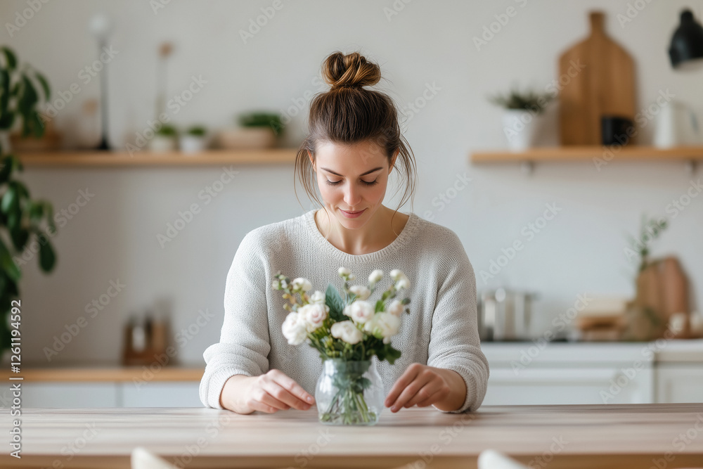 Young woman arranging a bouquet of fresh white flowers in a glass vase on a wooden table in a bright kitchen, creating a cozy and pleasant atmosphere Young woman arranging a bouquet of fresh white flowers in a glass vase on a wooden table in a bright kitchen, creating a cozy and pleasant atmosphere