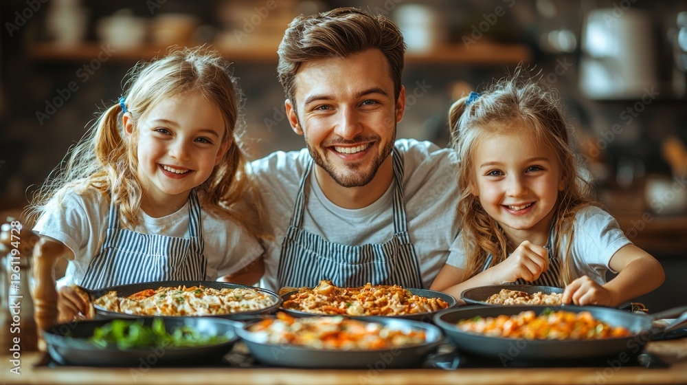 A man and two little girls in aprons preparing food together