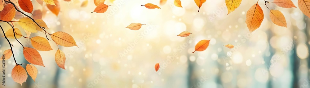Golden leaves gently falling in an autumn forest, peaceful atmosphere Golden leaves gently falling in an autumn forest, peaceful atmosphere