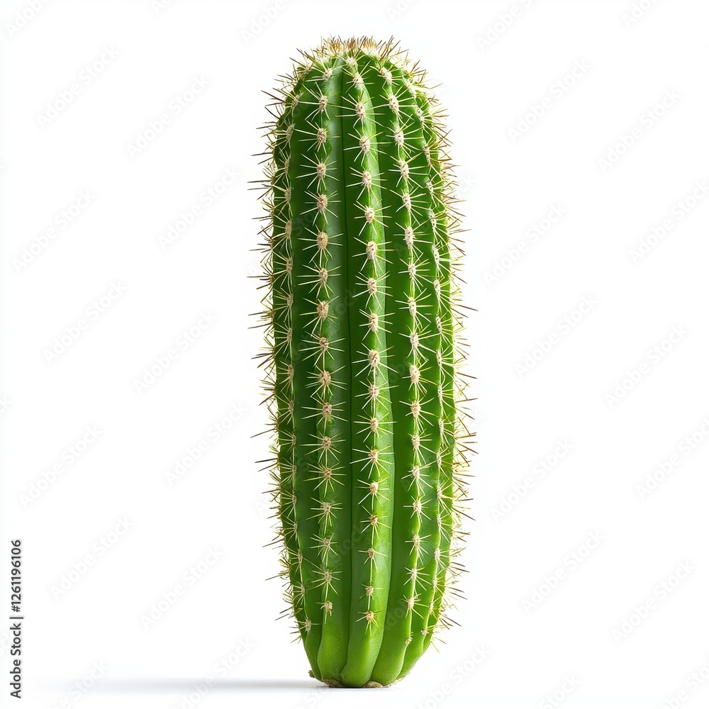 Green Tall Cactus with Spines on White Background for Decor Green Tall Cactus with Spines on White Background for Decor