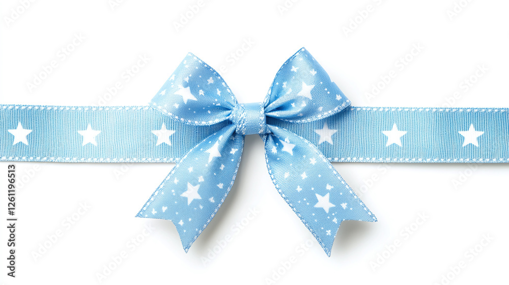 Baby blue ribbon with tiny white stars tied in bow isolated on white background. Baby blue ribbon with tiny white stars tied in bow isolated on white background.