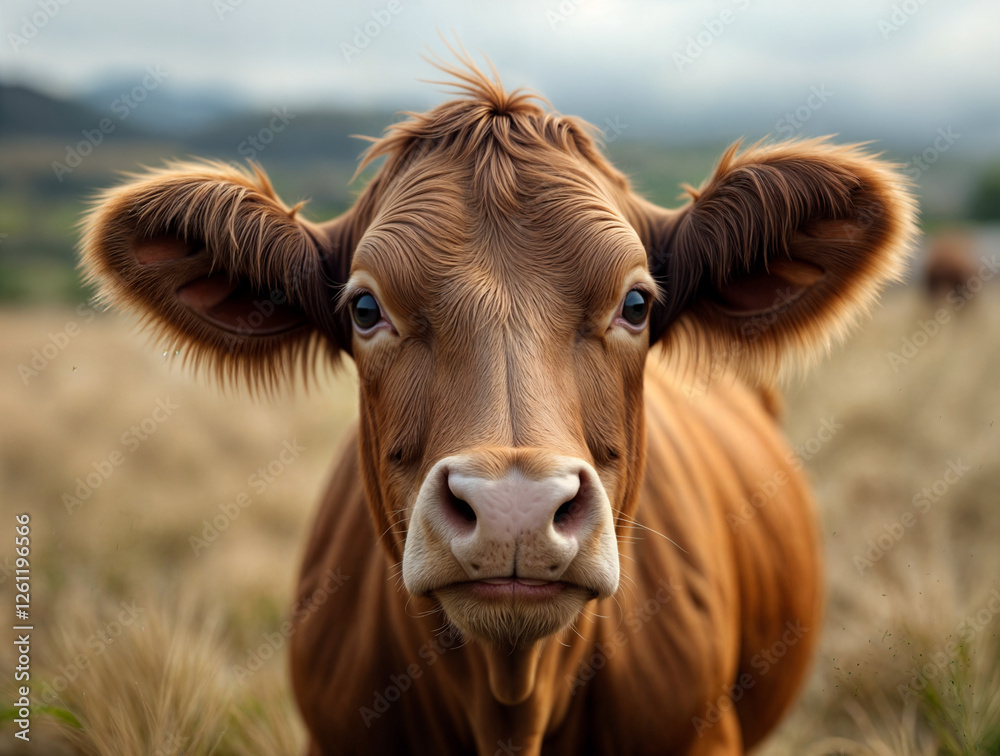 Stunning portrait of cute brown cow with detailed facial features and expressive eyes. Ideal for creating an atmosphere of tranquility and harmony with nature. Stunning portrait of cute brown cow with detailed facial features and expressive eyes. Ideal for creating an atmosphere of tranquility and harmony with nature.