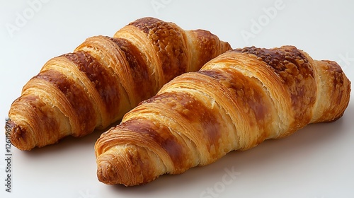 Two golden croissants on white background, bakery product, breakfast food photo