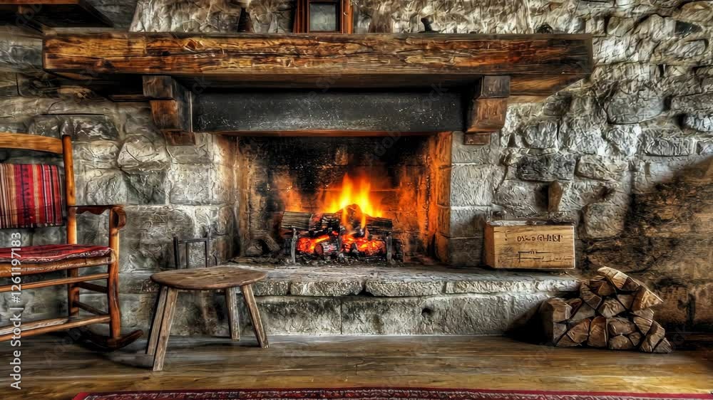 Cozy fireplace with glowing flames and rustic furniture in a stone cabin interior Cozy fireplace with glowing flames and rustic furniture in a stone cabin interior