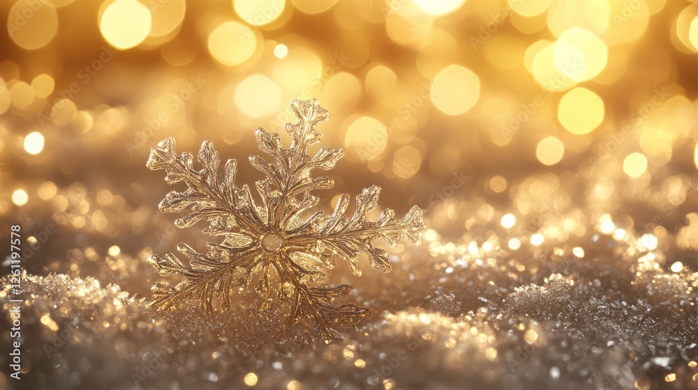 Golden snowflake rests on snow, bokeh lights, holiday card