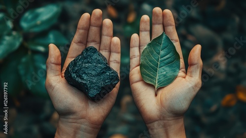 Hands holding coal and leaf, contrasting nature, forest floor background.  Possible use Environmental awareness