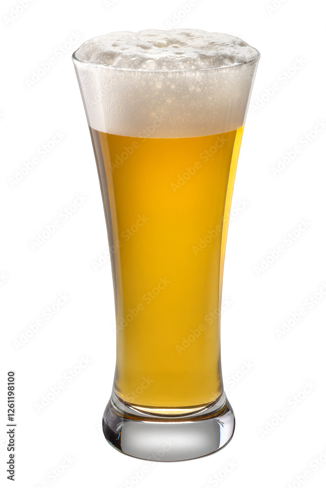 Beer in tall glass with white foam. Blond Lager beer in mug isolated 