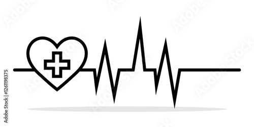 Medical icon with heartbeat. Minimalist black medical icon featuring a heartbeat line connecting a cross and a heart. Concept of healthcare, cardiology, and medical support. Vector illustration