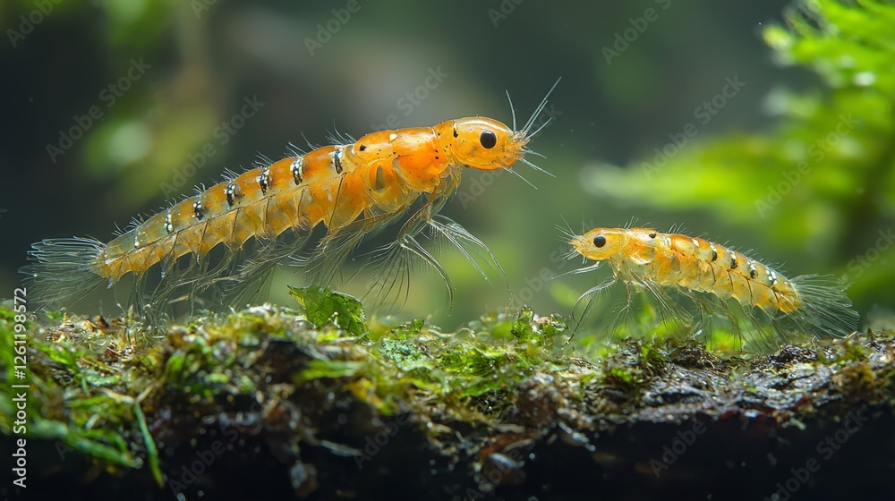 A couple of orange worms sitting on top of a moss covered rock A couple of orange worms sitting on top of a moss covered rock