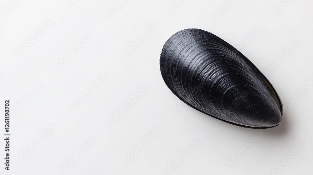 Black Mussel Shell on White Surface for Culinary Backgrounds Black Mussel Shell on White Surface for Culinary Backgrounds