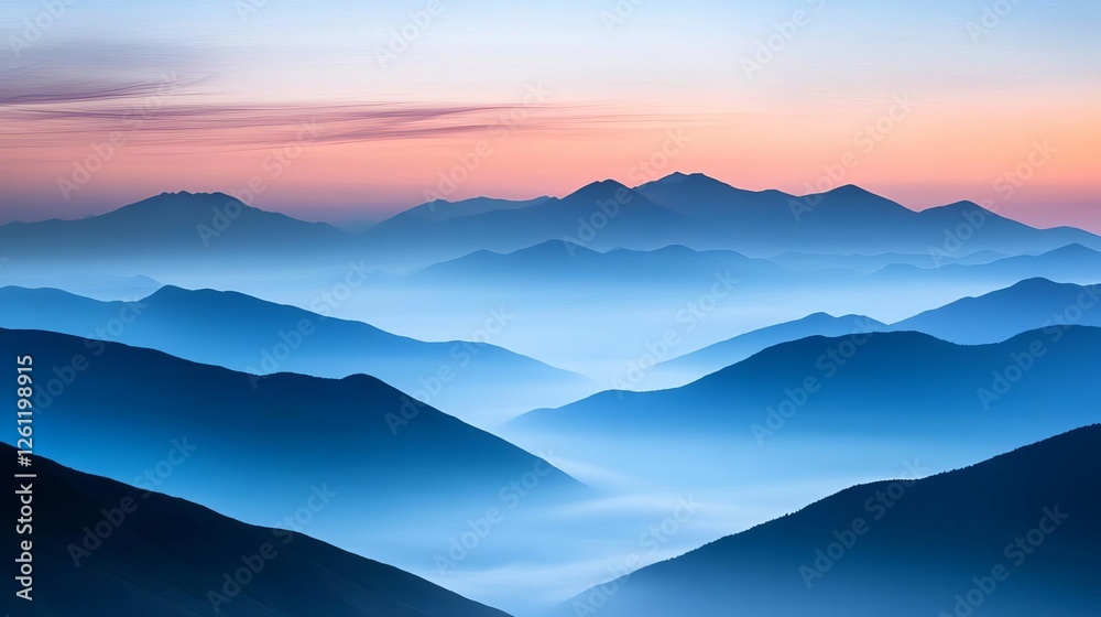 Fototapeta premium Mist-covered mountain peaks at sunrise, tranquil and meditative moment