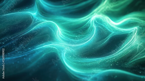 Abstract swirling turquoise and green energy waves on dark background