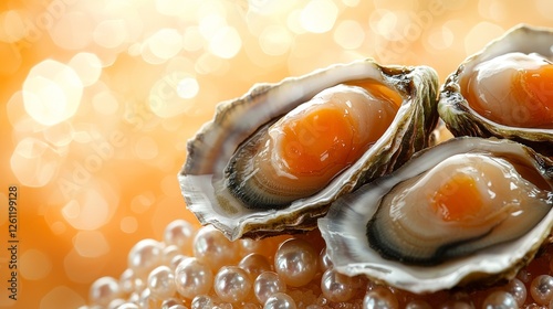 Three oysters and pearls on an orange background photo