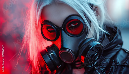 Scary girl wearing authentic Russian gas mask protection for poisonous smoke photo