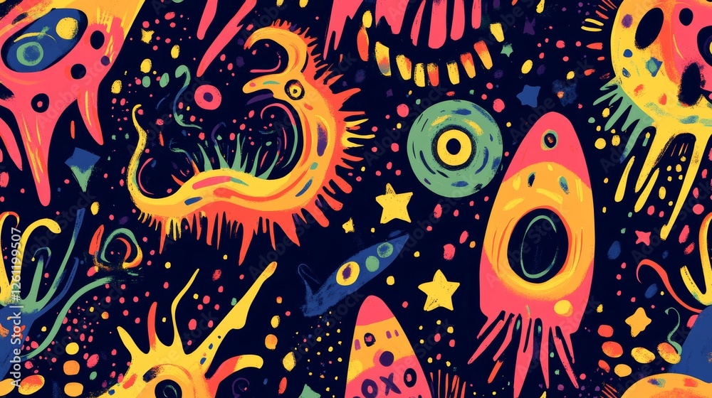Fototapeta premium Cute seamless pattern with aliens, rockets and stars for the design of children's items
