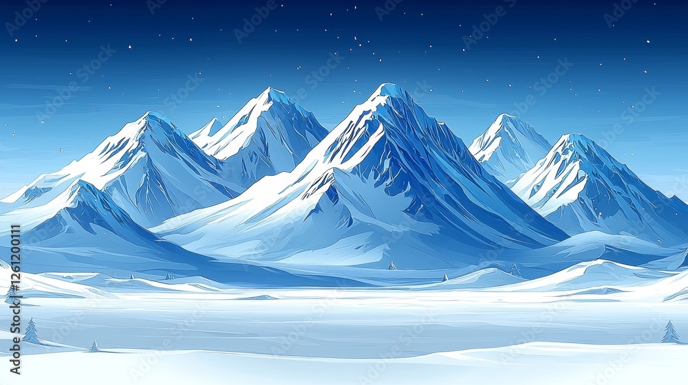 A snowy mountain landscape with snow covered mountains in the background A snowy mountain landscape with snow covered mountains in the background