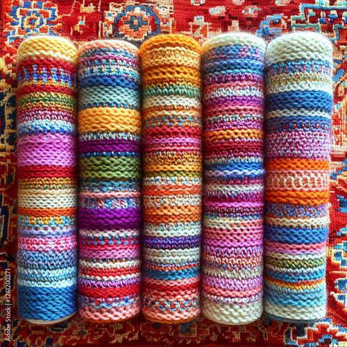 Five rolls of colorful yarn are neatly arranged on a vibrant patterned surface. Concept of bright textile and creative design. For textile design ideas.