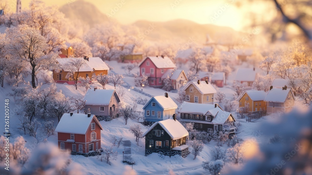 Fototapeta premium Snowy village nestled in a valley at sunrise
