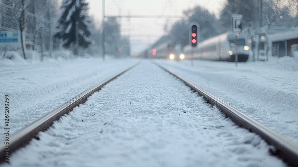 Fototapeta premium Snowy train tracks at winter station