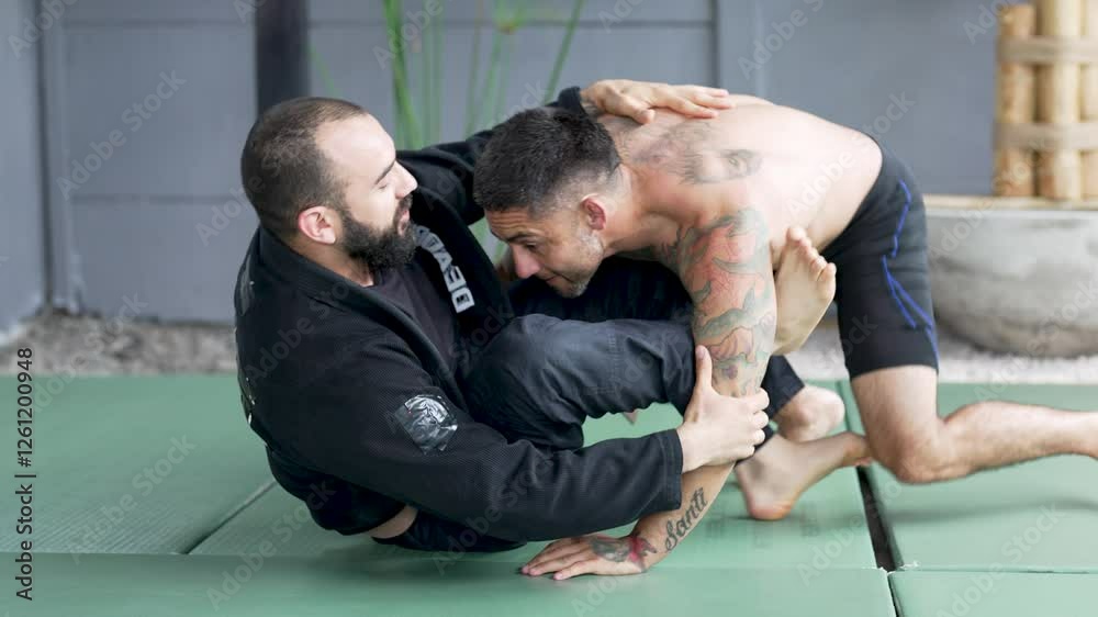 Two male athletes practice an arm bar takedown technique in a jiu-jitsu training session