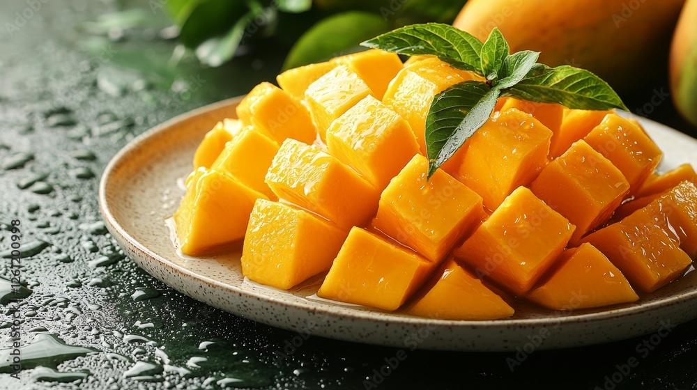 A plate of sliced mangoes on a table with water droplets A plate of sliced mangoes on a table with water droplets