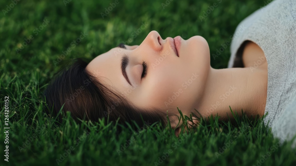 Person lying on the grass with eyes closed, listening to nature sounds Person lying on the grass with eyes closed, listening to nature sounds