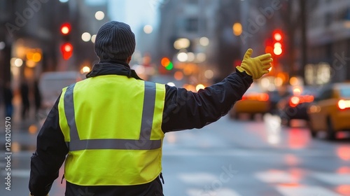 City worker signals traffic, neon vest bright. photo