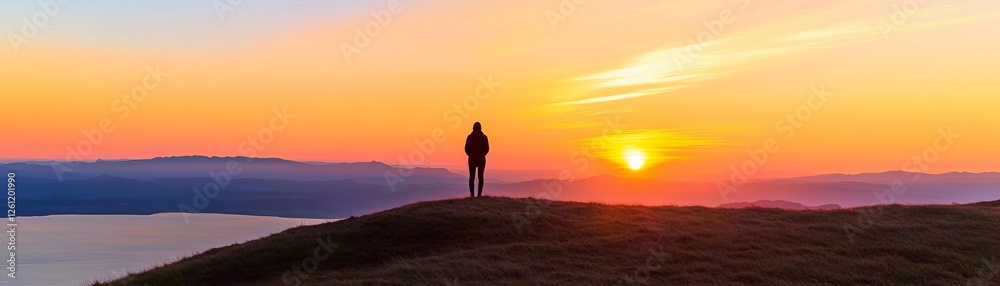 Fototapeta premium Person standing on a hilltop watching the sunset, peaceful solitude