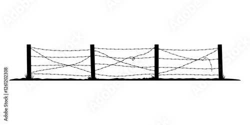 Fence with barbed wire icon. Fencing. Black silhouette. Horizontal front view. Vector simple flat graphic illustration. Isolated object on white background. Isolate.