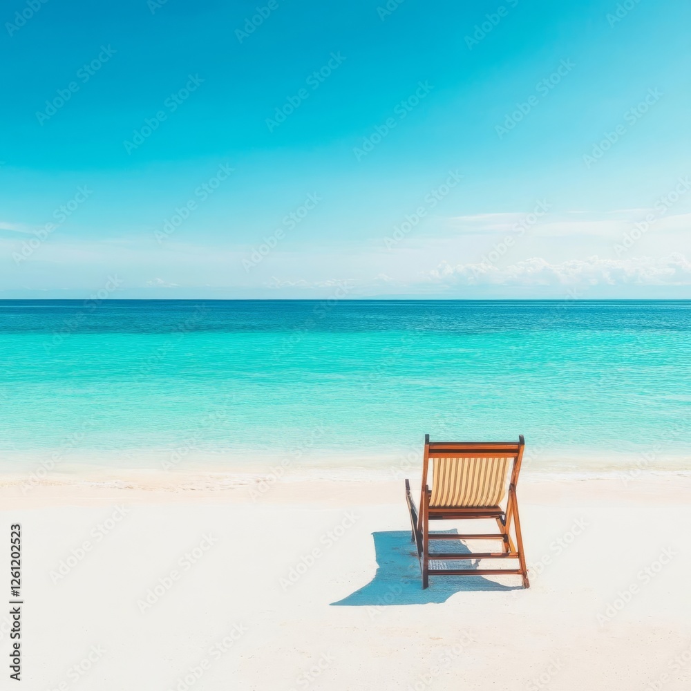 Secluded beach with a single lounge chair facing the turquoise sea, peaceful solitude Secluded beach with a single lounge chair facing the turquoise sea, peaceful solitude