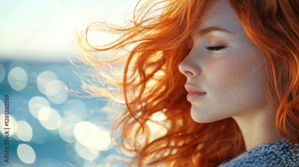 A woman with long red hair blowing in the wind A woman with long red hair blowing in the wind