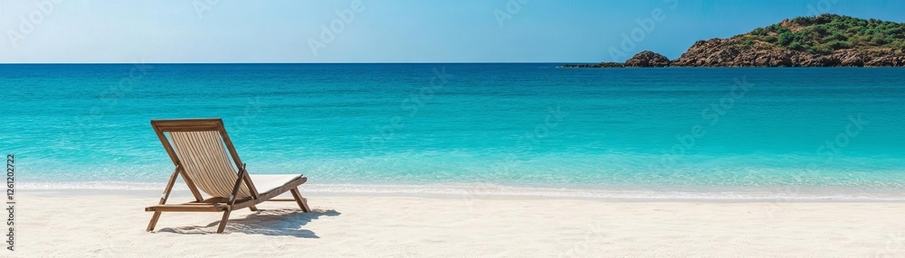Secluded beach with a single lounge chair facing the turquoise sea, peaceful solitude Secluded beach with a single lounge chair facing the turquoise sea, peaceful solitude