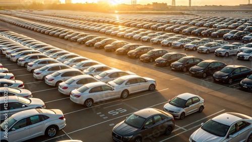 Massive Car Inventory Rows of New Vehicles at Sunset